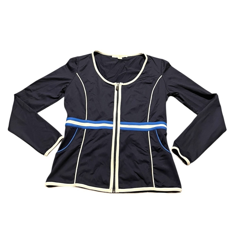 Boston Proper Athleisure Sport Jacket Top Navy Blue White Full Zip Pockets Sz S